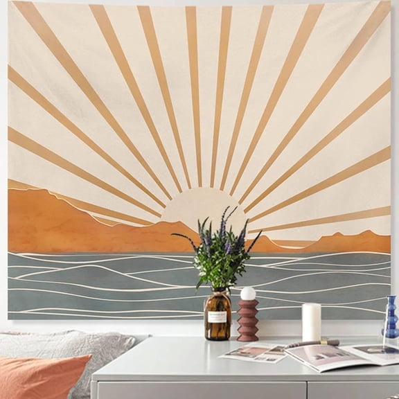 Gojian Boho Tapestry Wall Hanging for Bedroom Aesthetic, Bohemian Vintage 70s Rainbow Sun Tapestries for Living Room, Retro Hippie Sunset Sea Wall Tapestry for Dorm Room Decor
