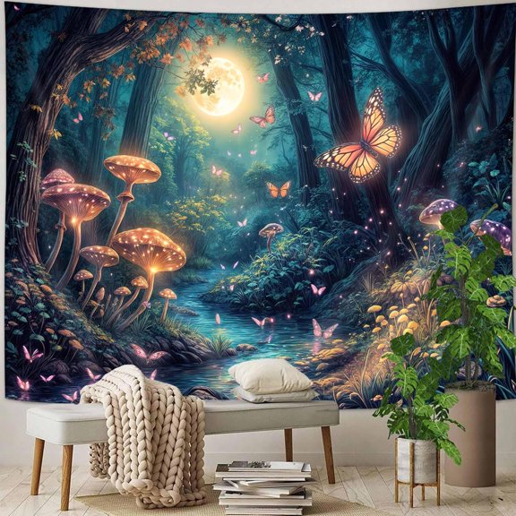 Gojian Fantasy Forest Tree Butterfly Wall Hanging, Fairy Magical Enchanted Jungle Waterfall Mushroom Tapestry for Bedroom Living Room