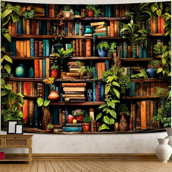Gojian Forest Library Tapestry Tree Bookshelf Tapestries Wall Hanging Vintage Fantasy Fairy Treehouse Book Tapestry for Bedroom Living Room Dorm Classroom