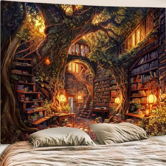 Gojian Forest Library Tapestry Tree Bookshelf Tapestries Wall Hanging Vintage Fantasy Fairy Treehouse Book Tapestry for Bedroom Living Room Dorm Classroom