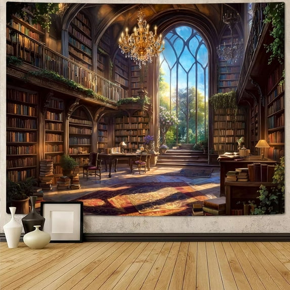 Gojian Forest Library Tapestry Tree Bookshelf Tapestries Wall Hanging Vintage Fantasy Fairy Treehouse Book Tapestry for Bedroom Living Room Dorm Classroom