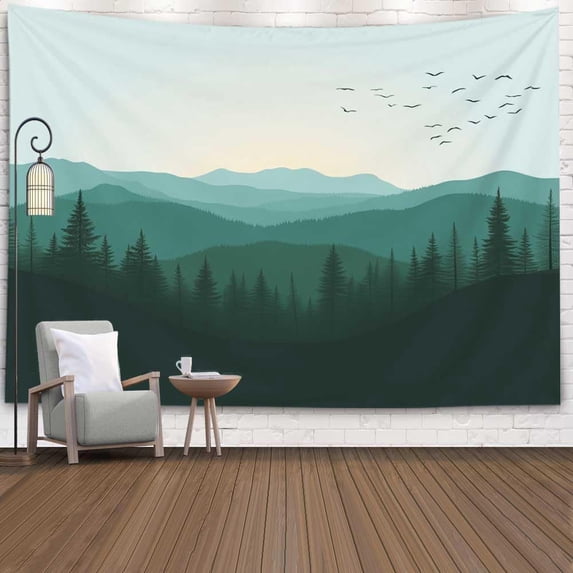 Gojian Forest Tapestry Wall Hanging - Green Misty Pine Tree Nature Wall Art, Tapestries BoHo Decor for Living Room & Bedroom Spaces