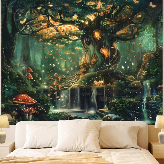 Gojian Forest Wall Tapestry for Bedroom, Nature Green Tree of Life Tapestries Wall Hanging, Fairy Tales Magical Landscape Backdrop Tapestry for Living Room Dorm Decor