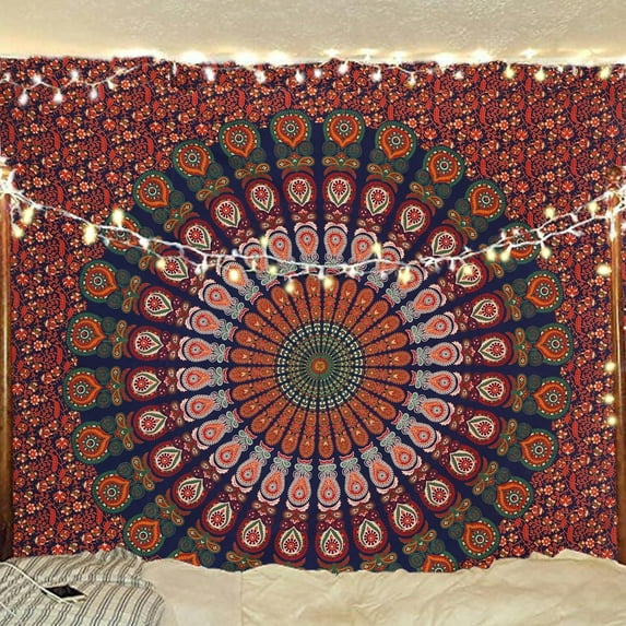 Gojian Handmade Indian hippie Bohemian Psychedelic Peacock Mandala Wall hanging College Dorm Beach Throws Table Cloth Bedding Tapestry