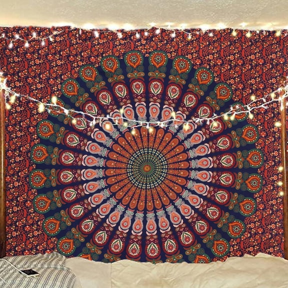 Gojian Handmade Indian hippie Bohemian Psychedelic Peacock Mandala Wall hanging College Dorm Beach Throws Table Cloth Bedding Tapestry
