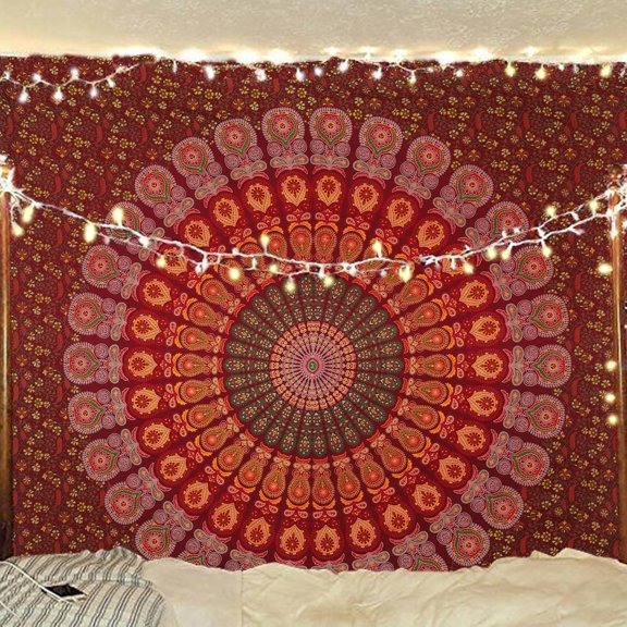 Gojian Handmade Indian hippie Bohemian Psychedelic Peacock Mandala Wall hanging College Dorm Beach Throws Table Cloth Bedding Tapestry
