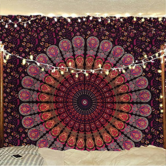 Gojian Handmade Indian hippie Bohemian Psychedelic Peacock Mandala Wall hanging College Dorm Beach Throws Table Cloth Bedding Tapestry