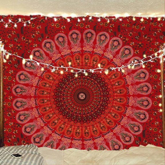 Gojian Handmade Indian hippie Bohemian Psychedelic Peacock Mandala Wall hanging College Dorm Beach Throws Table Cloth Bedding Tapestry