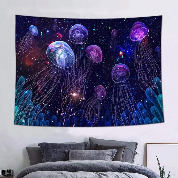Gojian Jellyfish Tapestry Marine Life Under The Night Stars Wall Hanging Tapestries Colorful Ocean Animal Tapestry 60x40inch Small Size Living Room Dorm Wall Backdrop GTLSAY542