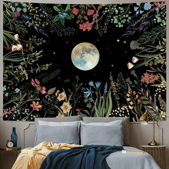 Gojian Moonlit Garden Tapestry Boho Moon Tapestry Floral Flower Tapestries Colorful Plants Tapestries Black Wall Hanging Decor for Home