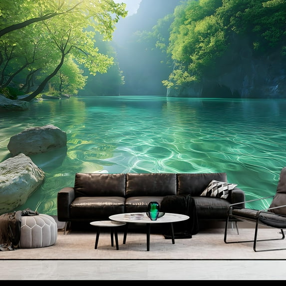 Gojian Nature Tapestry Forest Tree Sea Cave Wall Hanging, Stream Through Rainforest Landscape Wall Art Tapestry for Bedroom Living room