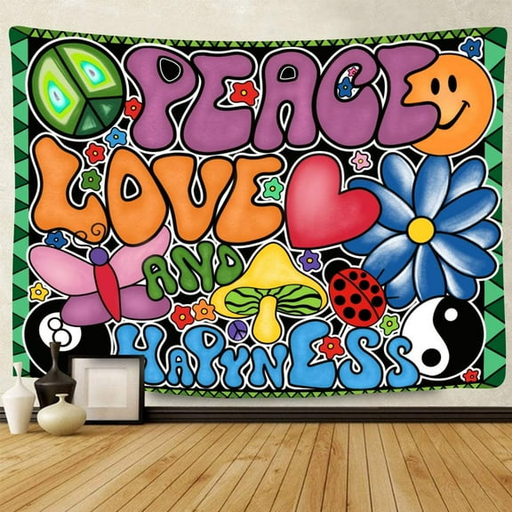 Gojian Peace Love and Happiness Groovy Soft Flannel Tapestry, 70s Theme Party Wall Hanging for Bedroom Living Room Decor
