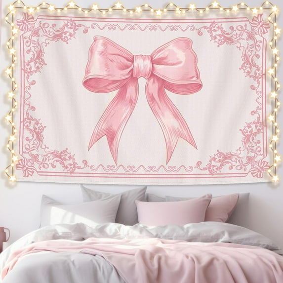 Gojian Pink Tapestry Coquette Pink Aesthetic Bedroom Hanging Wall Art Preppy Tapestry Decor Kit Cute Room Decoration for Women Girls Room Dorm Apartment