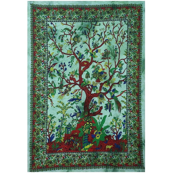 Gojian Tapestry Green Tree of Life Wall Hanging – Indian Cotton Full Size Bedspread, Picnic Sheet, Wall Decor,, Wall Art for Bedroom