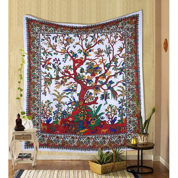Gojian Tapestry Green Tree of Life Wall Hanging – Indian Cotton Full Size Bedspread, Picnic Sheet, Wall Decor,, Wall Art for Bedroom