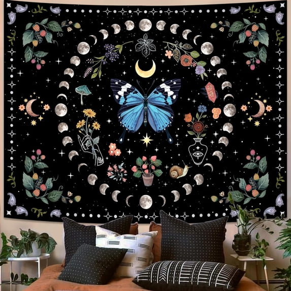 Gojian Yellow Butterfly Moon Flower Tapestry Botanical Floral Plant Boho Tapestry for Bedroom Aesthetic Vintage Tapestries Wall Hanging for Living Room Dorm