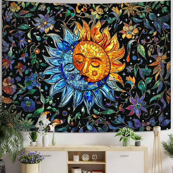 Gojian Yellow Sun and Moon Tapestry Vintage Indie Boho Tapestry Wall Hanging with Sunflowers Butterfly Moth Constellation Aesthetic Wall Tapestries for Bedroom Dorm Living Room