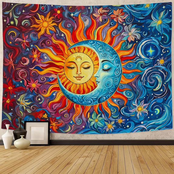 Gojian Yellow Sun and Moon Tapestry Vintage Indie Boho Tapestry Wall Hanging with Sunflowers Butterfly Moth Constellation Aesthetic Wall Tapestries for Bedroom Dorm Living Room