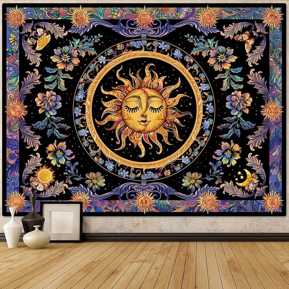 Gojian Yellow Sun and Moon Tapestry Vintage Indie Boho Tapestry Wall Hanging with Sunflowers Butterfly Moth Constellation Aesthetic Wall Tapestries for Bedroom Dorm Living Room