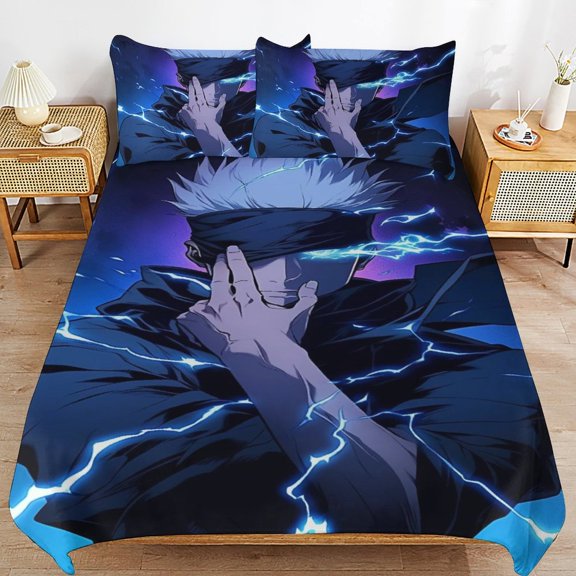 Gojo Satoru 3 Piece Bedding Sets for Boys Girls Teens, Cartoon Soft Kids Duvet Cover with 2 Pillowcases, All Season Comforter Covers Bedroom Decor Gift, 86"x70"