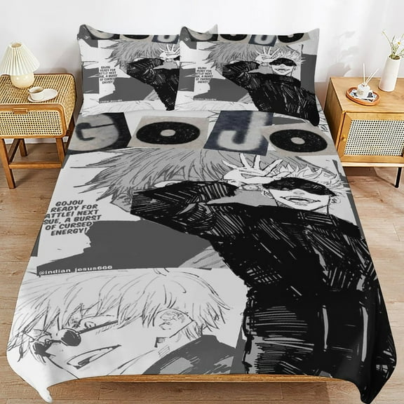 Gojo Satoru 3 Piece Bedding Sets for Boys Girls Teens, Cartoon Soft Kids Duvet Cover with 2 Pillowcases, All Season Comforter Covers Bedroom Decor Gift, 86"x70"