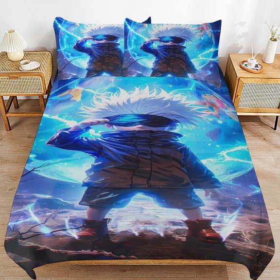 Gojo Satoru 3 Piece Bedding Sets for Boys Girls Teens, Cartoon Soft Kids Duvet Cover with 2 Pillowcases, All Season Comforter Covers Bedroom Decor Gift, 86"x70"
