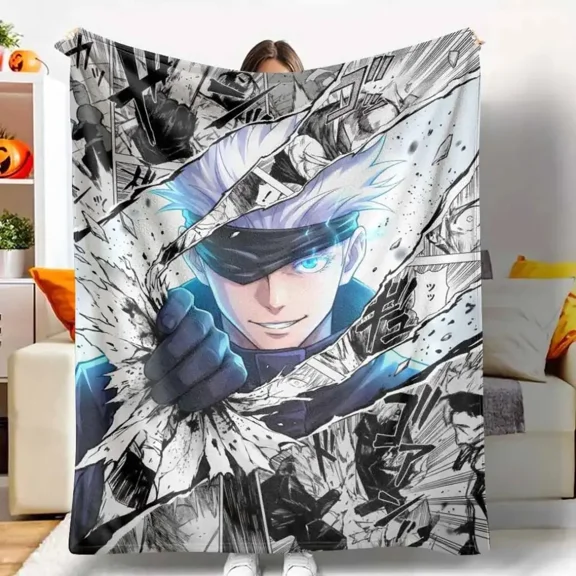 Gojo Satoru Dynamic Blue Energy Flannel Blanket Anime Throw Blanket Soft Warm Lightweight Cozy Manga Battle Print Kids Blanket Adult Blanket Bedroom Sofa