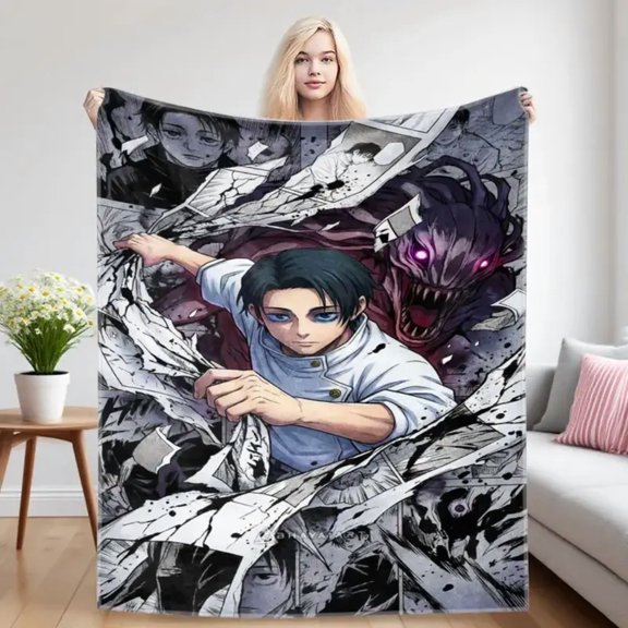 Gojo Satoru Dynamic Blue Energy JJK Warm Flannel Blanket, Ultra Soft Lightweight Cozy Throw for Bed Sofa Couch, Home Bedroom Decor Travel Gift for Fans