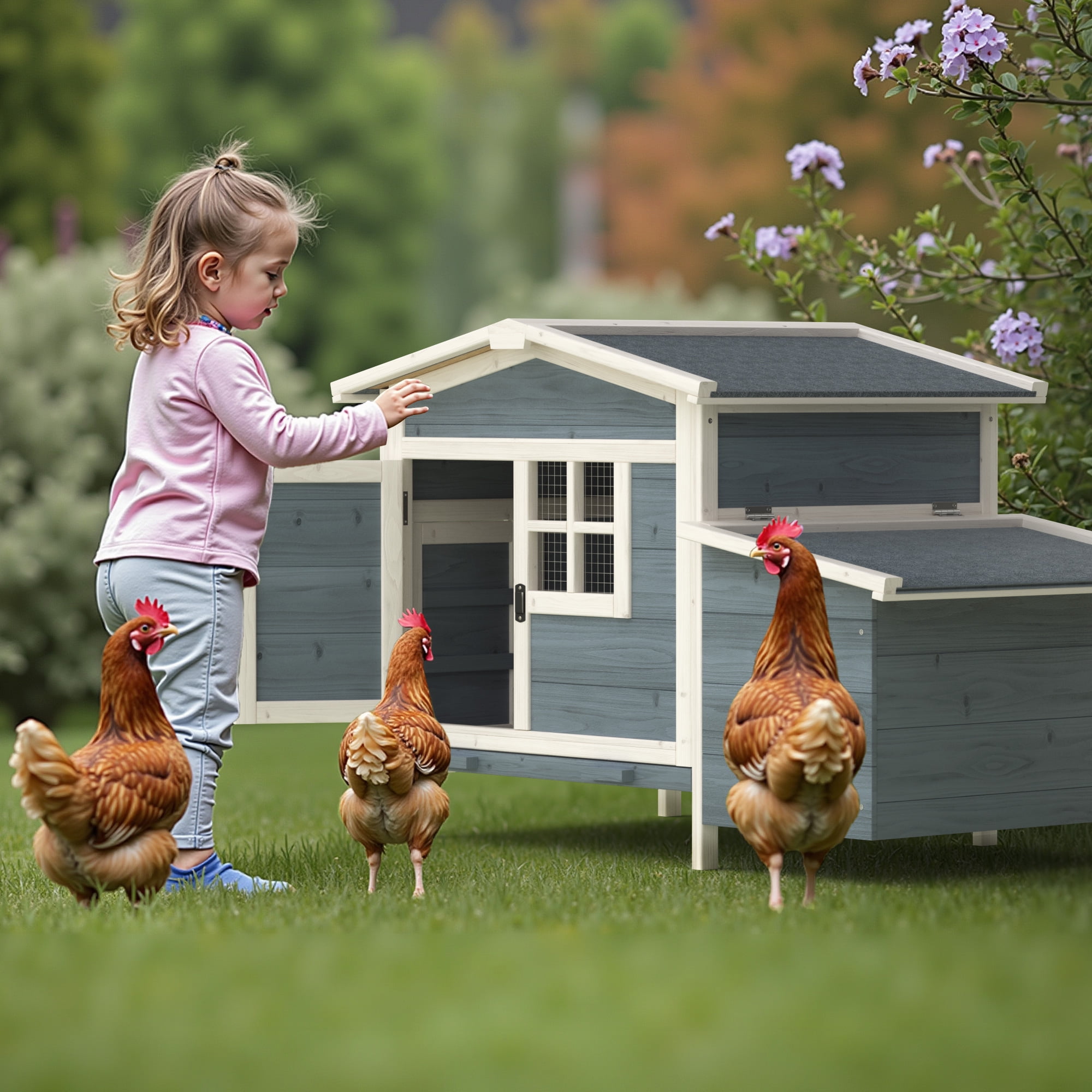 Gojooasis Outdoor Wooden Rabbit Chicken Coop Bunny Cage With Water-Resistant Roof & Ramp,Grey