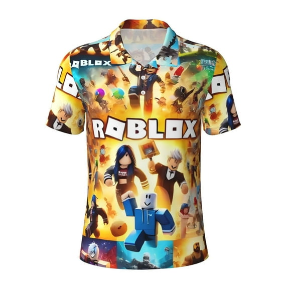 Gokiu Roblox Men's Polo Shirts Short Sleeve Classic Button Golf Shirt Moisture Wicking Tees