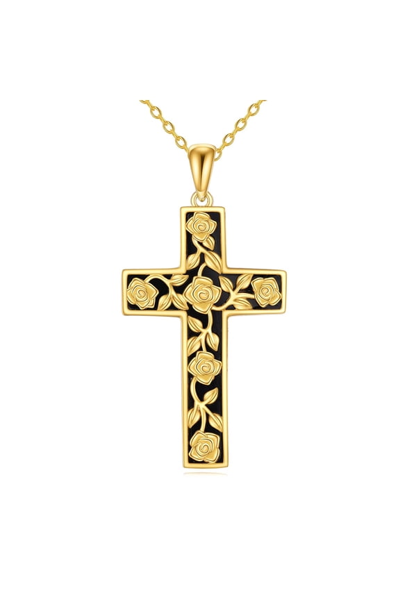 Gola Plated Cross Necklace Sterling Silver Rose Flower Cross Pendant Necklace Black Onyx Cross Jewelry Gifts for Women