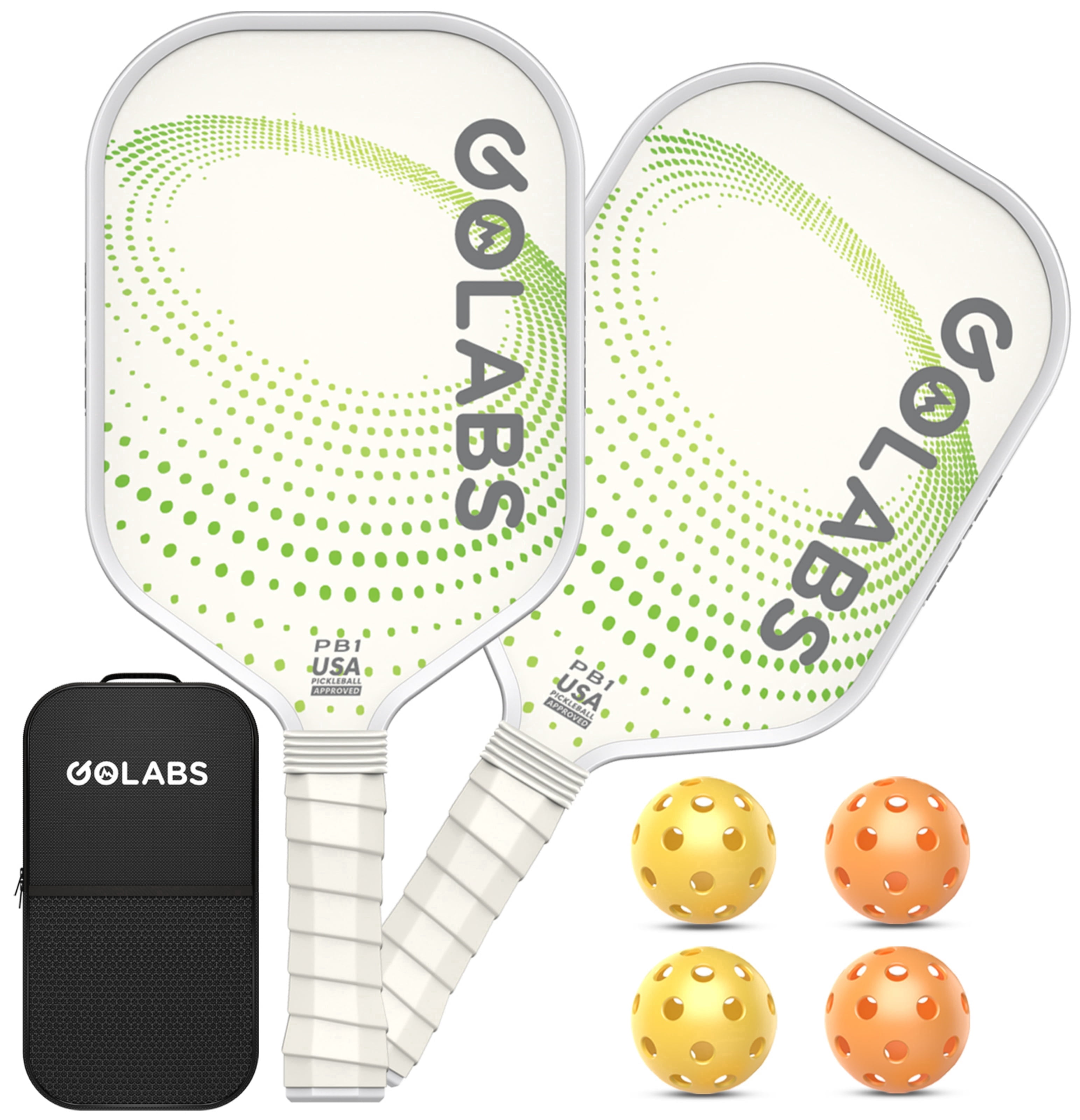 Golabs PB1 Fiberglass Pickleball Starter Set for All Ages and Levels, with 4 Balls & Carry Bag, Green