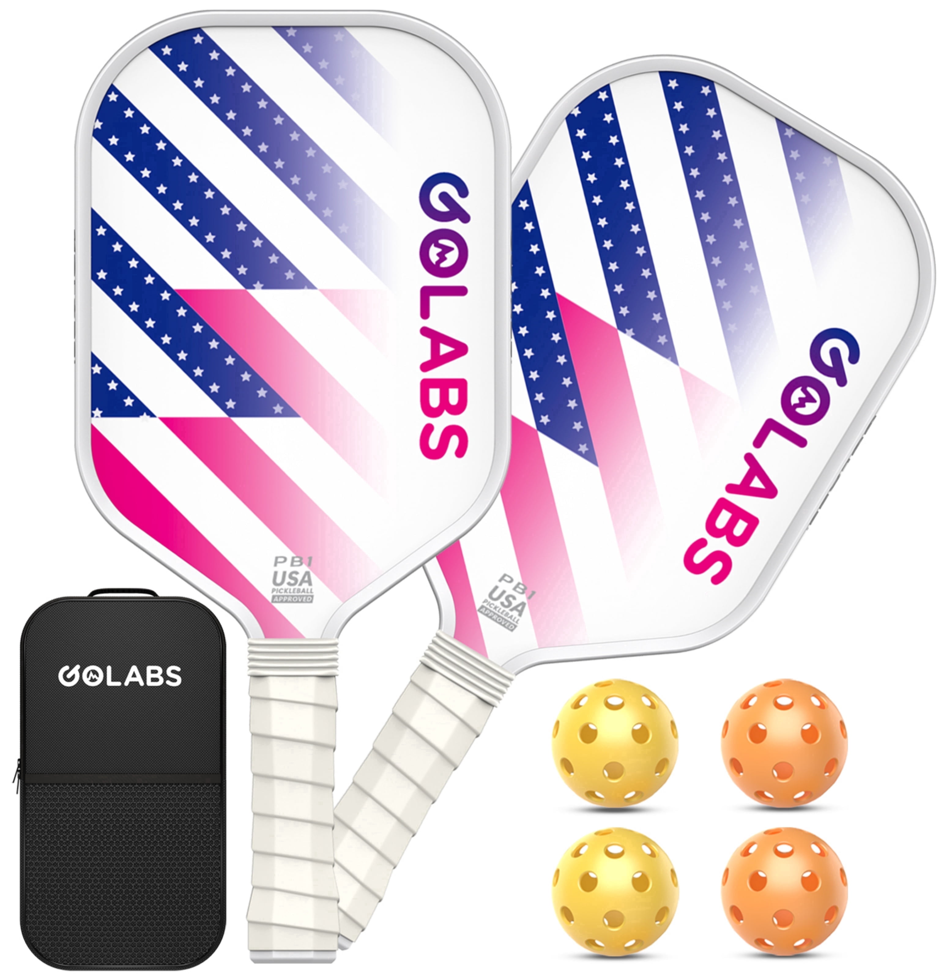 Golabs PB1 Pickleball Paddles Set, Durable Fiberglass Surface Paddles with 4 Balls for All Levels Adult & Beginner,White