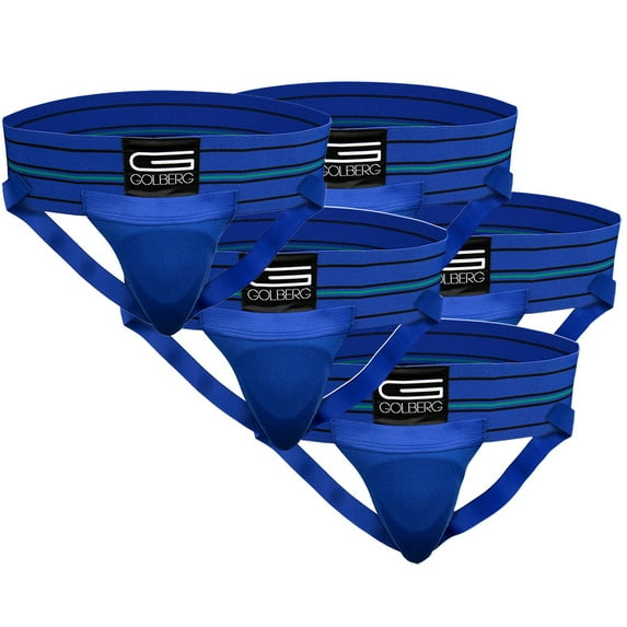 Golberg Mens Super Soft Athletic Supporters – Choose from 8 Colors and 5 Sizes – Blue, Medium 5 Pack – Without Cup