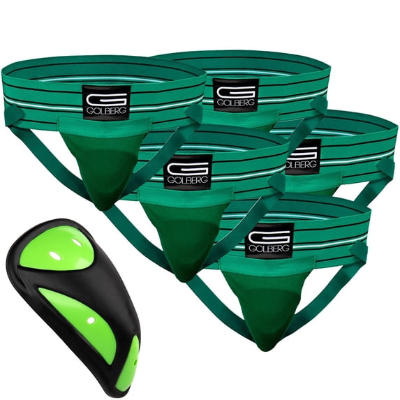 Golberg Mens Super Soft Athletic Supporters – Choose from 8 Colors and 5 Sizes – Green, Medium 5 Pack – Cup Included