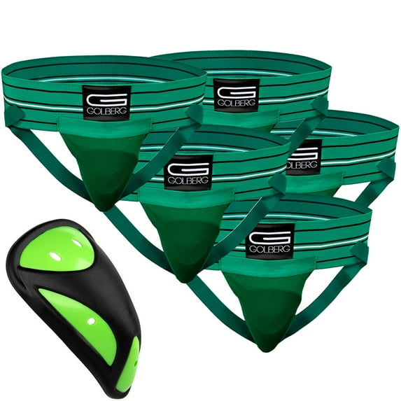 Golberg Mens Super Soft Athletic Supporters – Choose from 8 Colors and 5 Sizes – Green, Small 5 Pack – Cup Included