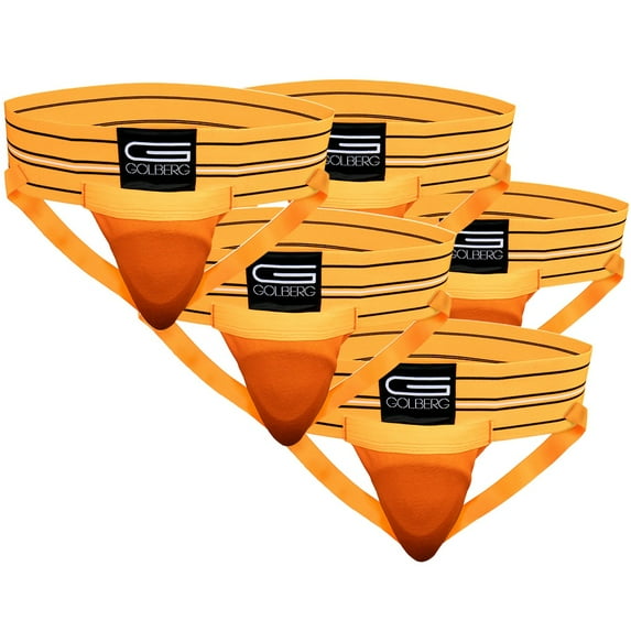 Golberg Mens Super Soft Athletic Supporters – Choose from 8 Colors and 5 Sizes – Orange, X-Small 5 Pack – Without Cup