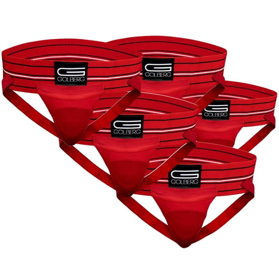 Golberg Mens Super Soft Athletic Supporters – Choose from 8 Colors and 5 Sizes – Red, Large 5 Pack – Without Cup