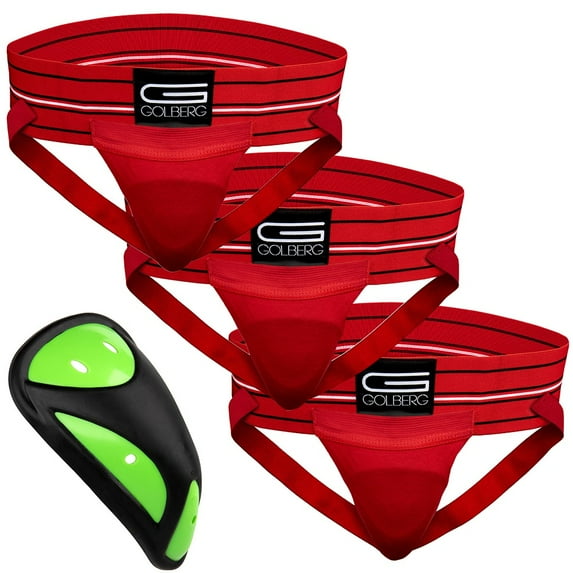 Golberg Mens Super Soft Athletic Supporters – Choose from 8 Colors and 5 Sizes – Red, Small 3 Pack – Cup Included