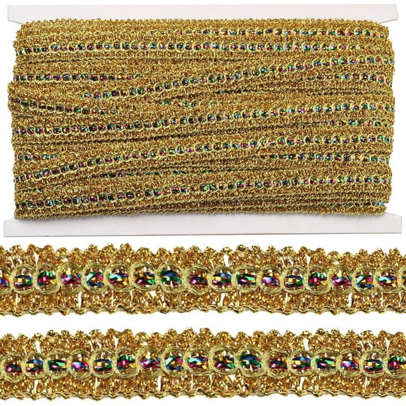 Gold 1/2 Inch Gold Gimp Braid Trim Metallic Lace Woven Ribbon Trim Colorful Polyester Fabric Upholstery Trimming Bulk for Sewing Making Curtain Crafts Dress Bridal Costume Home DIY Supply