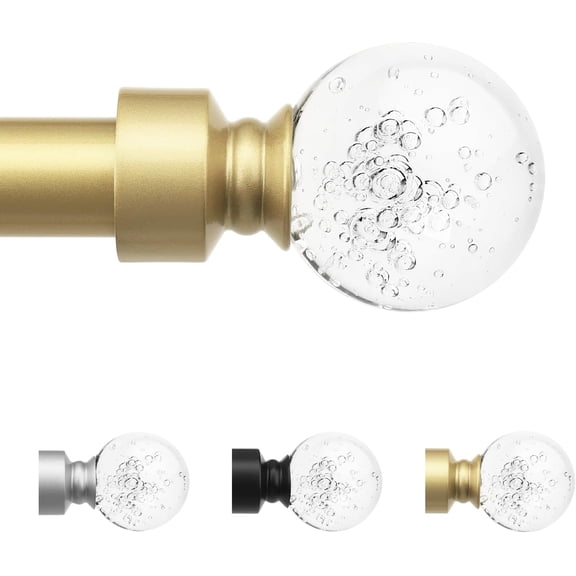 Gold 1 Pack Window Treatment Single Curtain Rods, Adjustable Rod from 36 to 72 Inches with Crystal Finial Finials,1-Inch Rods for Windows