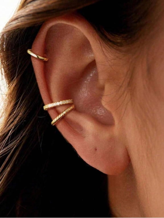 Gold-10 Clip-On Ear Cuffs Set Of 3, Textured & Pave Hoop Climber Earrings,Gold-10