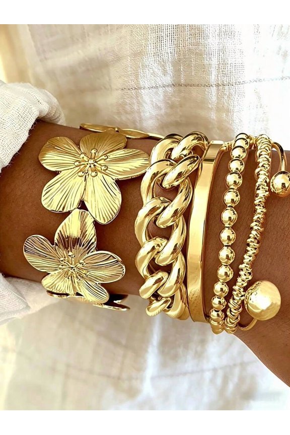 Gold-10 Layered Floral Cuff & Chain Bracelet Set: Chunky Beaded Bangle
