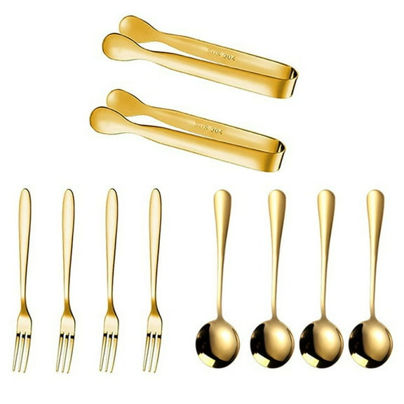 Gold 10-Piece Stainless Steel Cutlery Set Includes Spreading Knives Clips Spoons And Forks Ideal For Serving Cheese Butter Pastries And Coffee Accessories