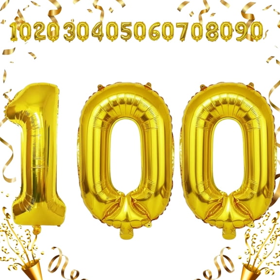 Gold 100 Number Foil Mylar Balloon 40 inch - Self-Sealing Balloons for Helium or Air Inflation, 100th Birthday, Anniversary, Graduation, Party