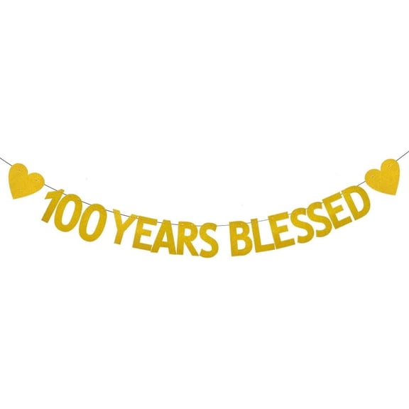 Gold 100 YEARS BLESSED Glitter Banner,Pre-Strung,100th Birthday/Wedding Anniversary Party Decorations Bunting Sign Backdrops,100 YEARS BLESSED