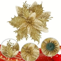 Gold 10Pcs Christmas Tree Flower Decoration Artificial With Clip On For Party Decor, Easy To Attach And Arrange For A Vibrant And Festive Tree Look