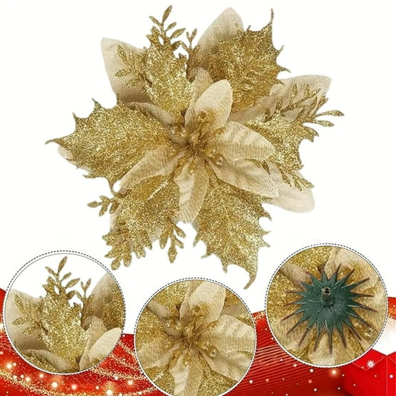 Gold 10Pcs Christmas Tree Flower Decoration Artificial With Clip On For Party Decor, Easy To Attach And Arrange For A Vibrant And Festive Tree Look