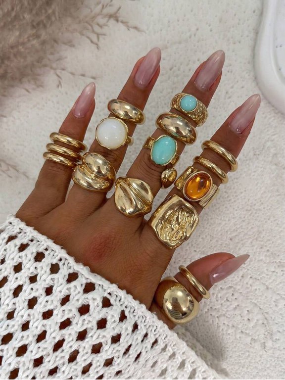 Gold-11 Vintage Asymmetrical Stacking Ring Set With Gemstones, 12-Piece