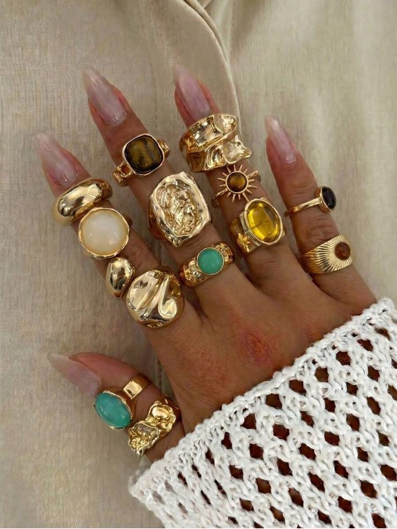 Gold-12 Vintage Asymmetrical Stacking Ring Set With Gemstones, 12-Piece